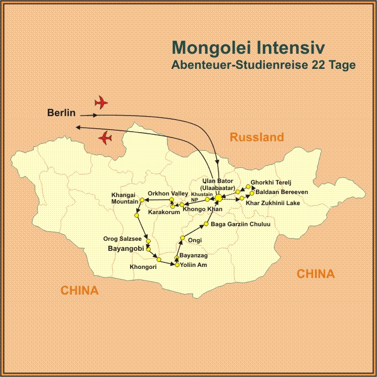 Reiseroute der Mongolei Studienreise